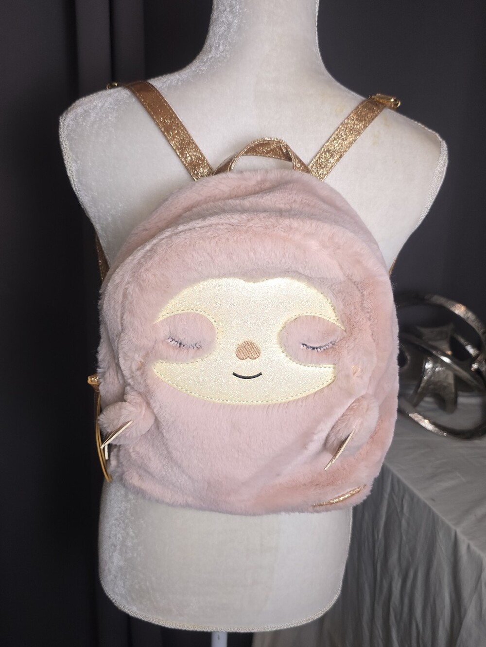 Under One Sky Pink Sloth Mini Backpack Plush Faux Fur Rose Gold Kawaii Bag